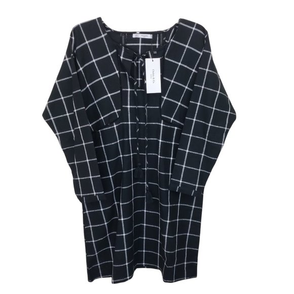 NWT Christy & Co Black/White Plaid Dolman Sleeve Pocketed Cutout Seam Midi Dress - Picture 1 of 16